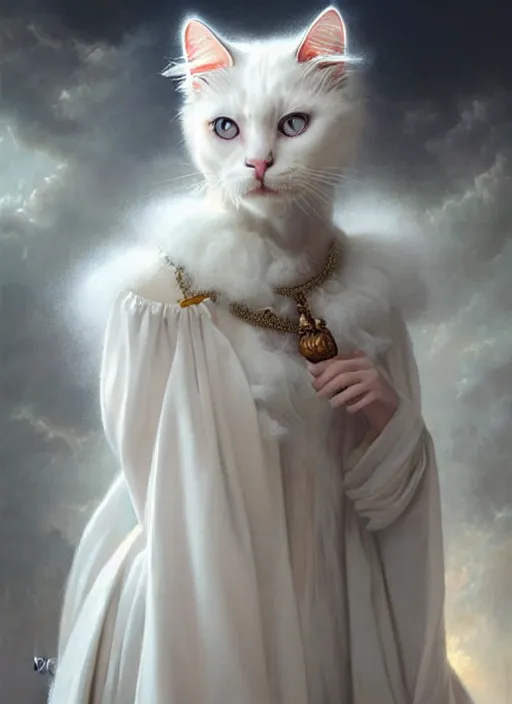 Image similar to a beautiful fluffy white cat with baroque dress, painted by artgerm and tom bagshaw, fantasy art, dramatic lighting, highly detailed oil painting