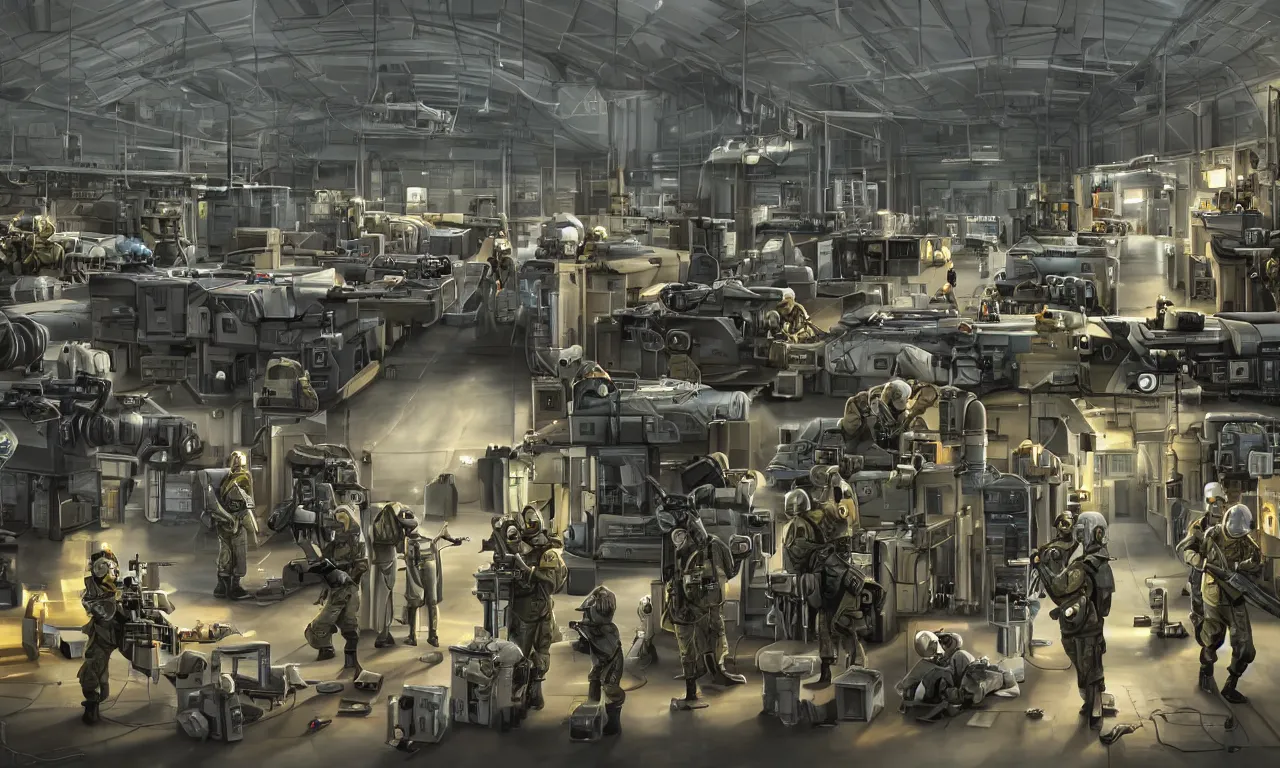 Image similar to epic scenic shot, highly detailed weapons laboratory, clean and organized, quantum technology, bright lights, warehouse, with a couple anthropomorphic furry researchers in military uniforms and hazmat suits, carrying guns, firing range, tables, parts, gun scraps, windows, sci fi, Extremely detailed digital art, furry art, furaffinity, DeviantArt, HD artstation