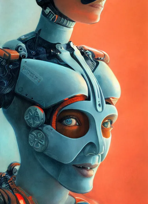 Prompt: symmetry!!! closeup portrait! of a cyborg girl, racer jumpsuit, in clouds, cinematic light, windy, teal orange, volumetric smoke, by gerald brom, by mikhail vrubel, by peter elson, muted colors, extreme detail, trending on artstation, 8 k