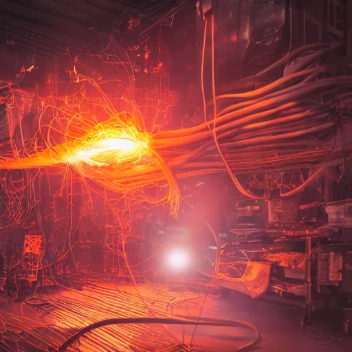 Image similar to smoothie blender, tangles of metallic cables, dark messy smoke - filled cluttered workshop, dark, dramatic lighting, orange tint, sparks, plasma charges, cinematic, highly detailed, sci - fi, futuristic, movie still