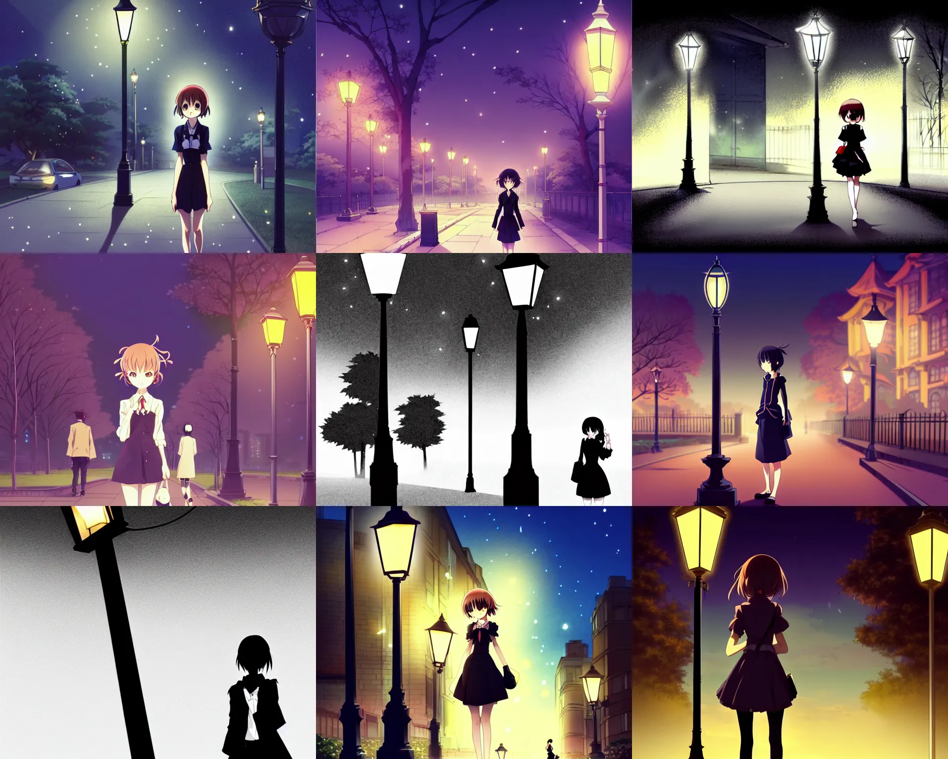 Prompt: anime visual, dark portrait of an elegant girl sightseeing at night in a park, streetlamp, cute face by yoh yoshinari, katsura masakazu, dynamic pose, dynamic perspective, strong silhouette, anime cels, 1 8 mm, rounded eyes, dramatic, detailed facial features, ilya kuvshinov, crisp, cel shaded