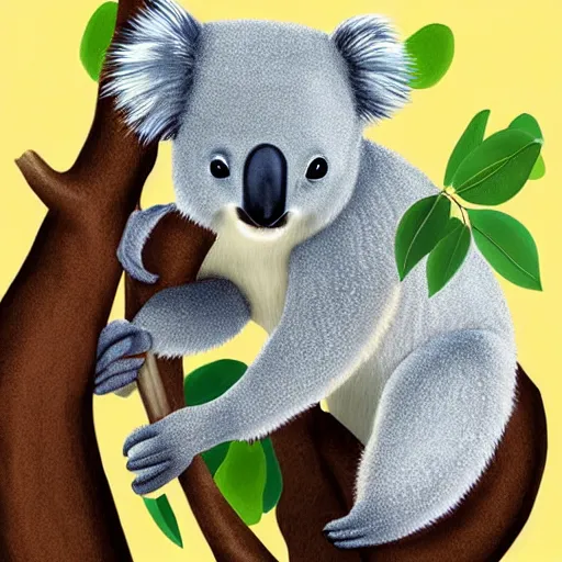 Prompt: Koala with hat eating eucalyptus, digital art, artstation