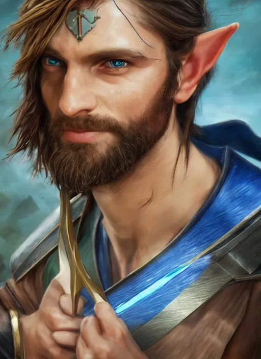 Image similar to A striking hyper real painting of a half elf ranger holding a cross bow with magic blue swirls, shaggy brown hair, scruffy beard, scar on face, blue tunic, unreal 5, DAZ, hyperrealistic, octane render, cosplay, RPG portrait, dynamic lighting