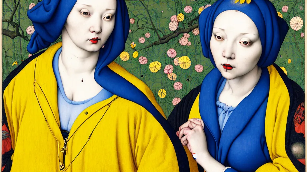 Prompt: portrait of a curvy woman with blue hair buns, wearing a yellow hoodie, standing in a botanical garden, intricate details, high detail, in the style of rogier van der weyden and jacopo da pontormo, by mark ryden, punk, asian art,