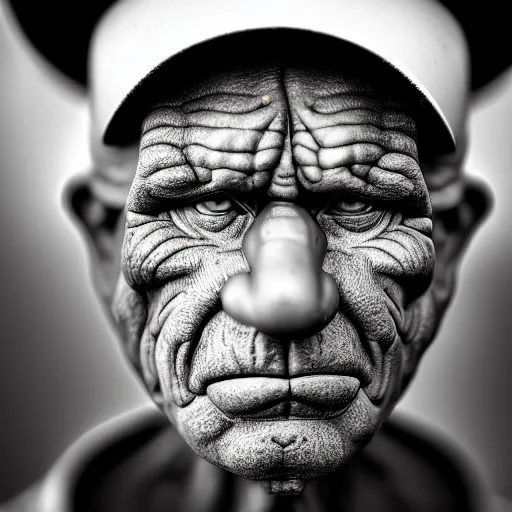 Prompt: photograph portrait of Popeye, intricate detail, sigma 85mm f/1.4, 4k, depth of field, high resolution, 4k, 8k, hd, full color