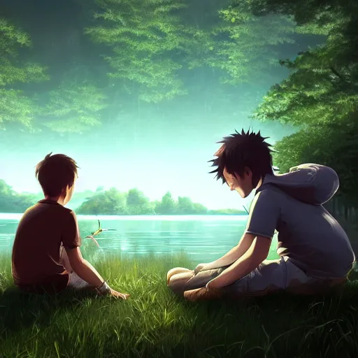 Image similar to a silver dragon and a boy sitting together next to a lake watching firefly at night in forest, concept art, dof, cryengine, digital art, detailed background, makoto shinkai