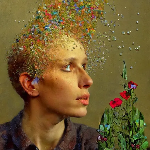 Prompt: a sculpture portrait made of sand and bubbles and plants and flowers, painting part by wojciech siudmak, part by ilya repin, part by max ernst, part by norman rockwell, artstation