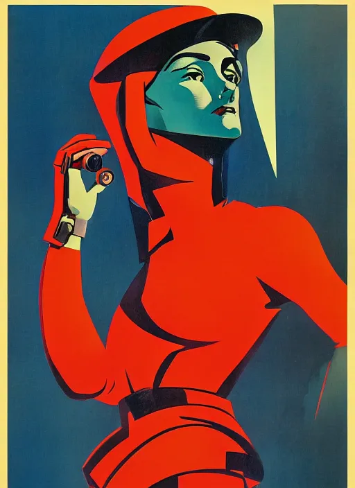 Image similar to soviet propaganda poster. cyberpunk spy. portrait by jean giraud and anton otto fischer and john philip falter and will eisner and gil elvgren