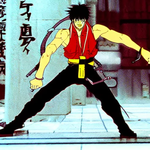 Image similar to still frame of cyberpunk ninja Jubei in the 1988 anime movie Akira by Katsuhiro Otomo, screenshot, color, film print