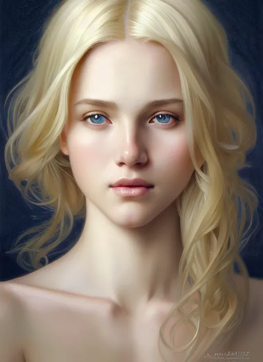 Prompt: beautiful feminine face! portrait of young woman blessed by god with ever - increasing physical and mental perfection, blonde hair, symmetrical! intricate, elegant, highly detailed, vision of holy perfection!! smile, digital painting, artstation, concept art, smooth, sharp focus, illustration, art by artgerm and greg rutkowski and alphonse mucha