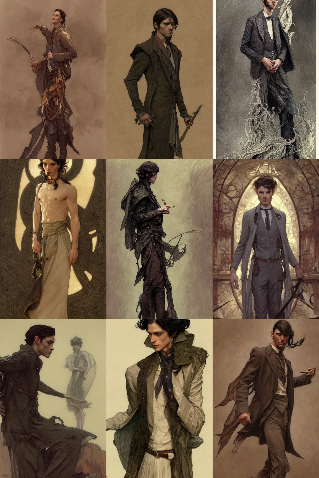 Prompt: skinny male mage, long dark hair, 1 9 2 0 s fashion, elegant, highly detailed, intricate, smooth, sharp focus, artstation, digital paining, concept art, art by donato giancola, greg rutkowski, artgerm, cedric peyravernay, alphonse mucha, craig mullins