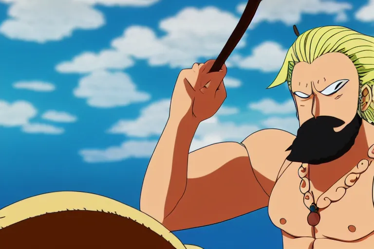Prompt: A still of a blonde bearded large man with a man bun in One Piece Anime Series, 4k Resolution.