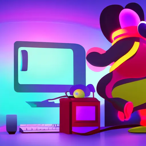 Image similar to A mouse is working on a computer detailed, colorful, glowing lighting, 4k, dimly lit, in the style of retro future,