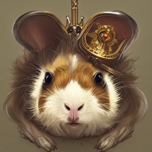 Image similar to A heraldic Prince Guinea Pig with big cute eyes portrait, D&D, fantasy, intricate, cinematic lighting, highly detailed, digital painting, artstation, concept art, smooth, sharp focus, illustration, art by Akihiko Yoshida, Greg Rutkowski and Alphonse Mucha