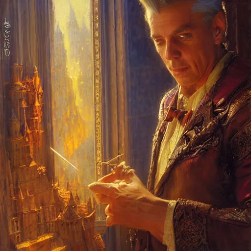 Image similar to stunning male master wizard building a huge castle with his magic, highly detailed painting by gaston bussiere, craig mullins, j. c. leyendecker, 8 k