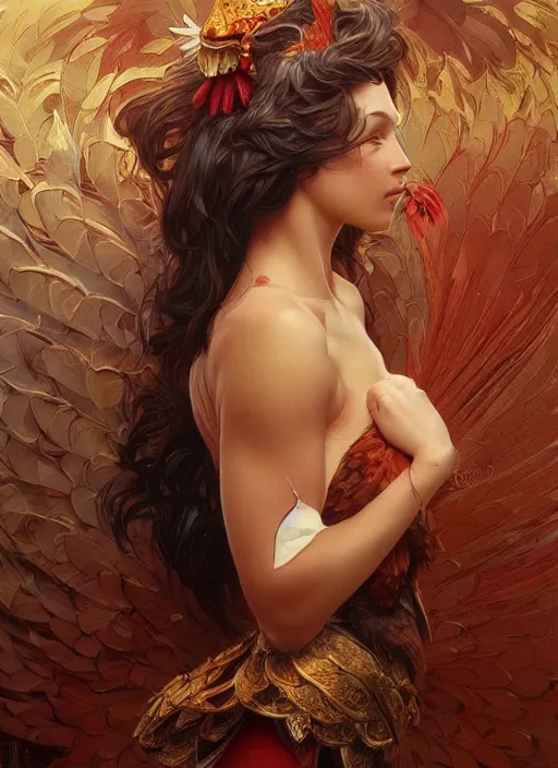 Image similar to full figure ultra realistic illustration, rooster, beautiful, intricate, elegant, highly detailed, digital painting, artstation, concept art, smooth, sharp focus, illustration, art by artgerm and greg rutkowski and alphonse mucha