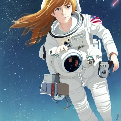 Prompt: emma watson light novel illustration as an astronaut by makoto shinkai