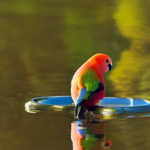 Prompt: lovebird sitting in water, reflective, sunny day, landscape photography