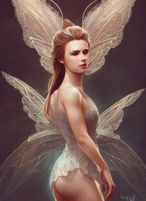 Image similar to full body portrait of a beautiful fairy women with wings of lace, by artgerm, sunny day, highly detailed, perfect lighting, perfect composition, symmetry, detailed features, 4 k, by alan lee, by derek zabrocki, by greg rutkowski