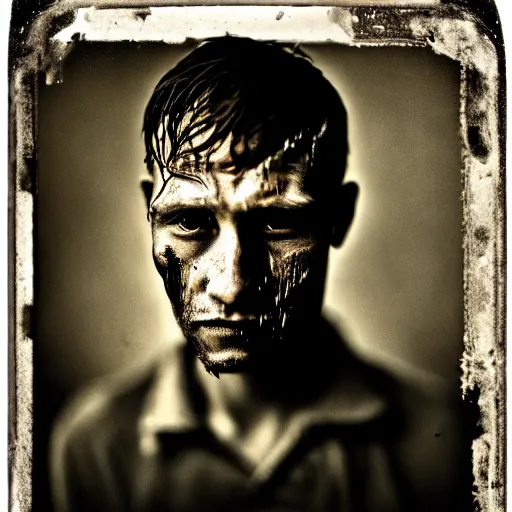 Prompt: A wet-collodion portrait of a man who comes back from a horrific war, he stares into the distance as his eyes show glimmers of hope, depth of field, 50mm lens, studio lighting, high contrast