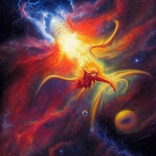 Prompt: an alien dragon flying in outer space, epic nebula, Dan Seagrave art