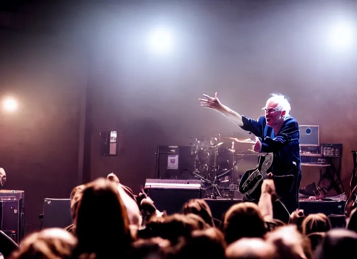 Prompt: publicity photo still of bernie sanders in a death metal band playing live on stage, 8 k, live concert lighting, mid shot