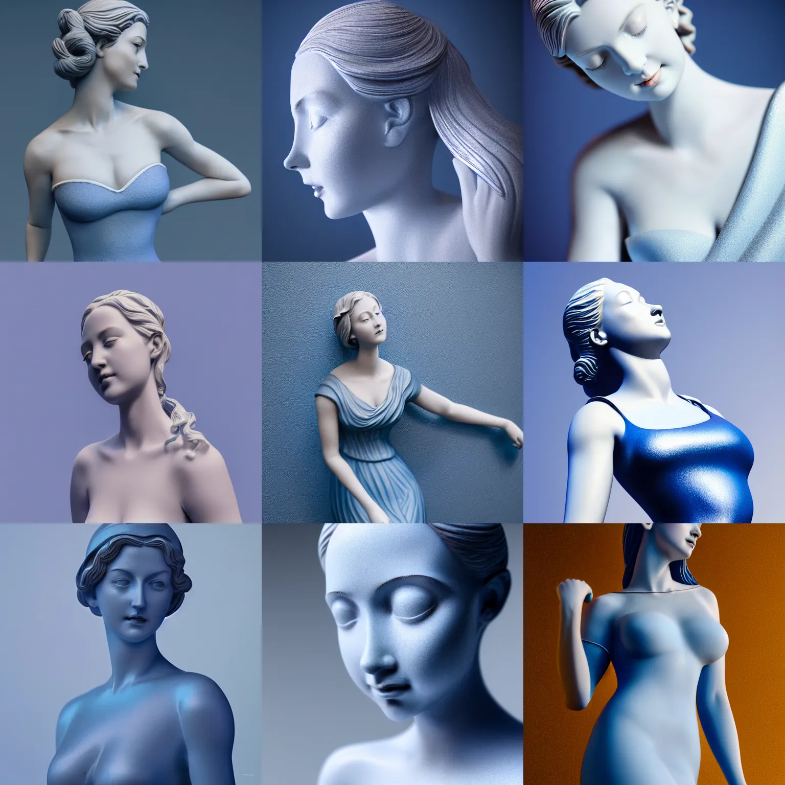 Prompt: statue of a perfect woman, porcelain, silver, blue soft details, soft!!, dark blue dress ( desgined by apple ), studio photo, octane render, studio lights, 5 0 mm lens