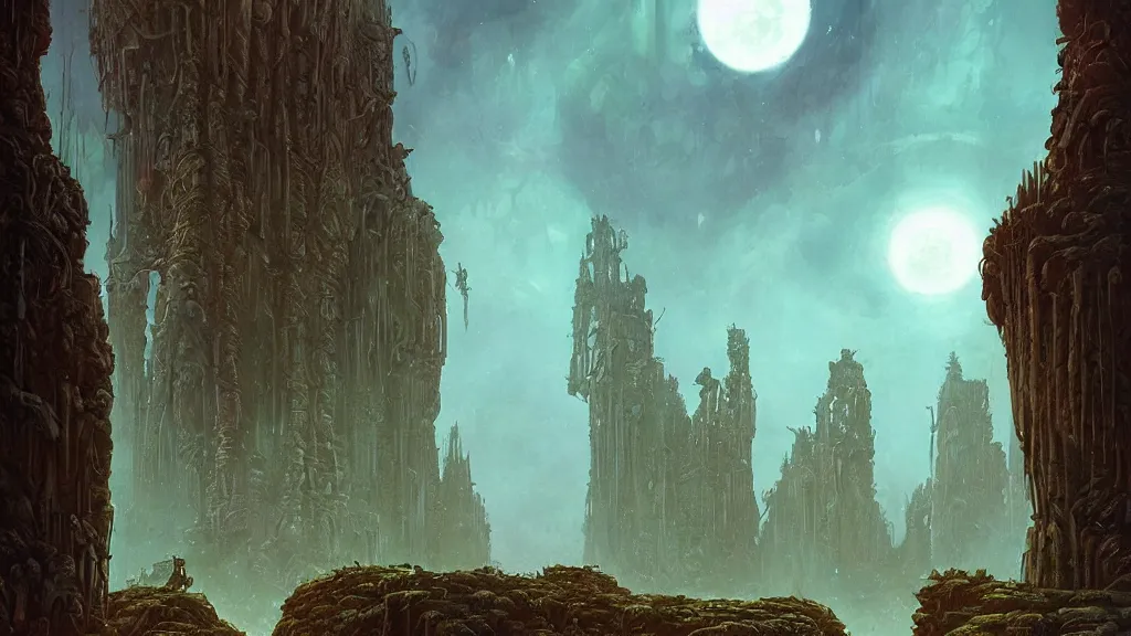 Prompt: eerie atmospheric alien planet with biomechanical plants and the ruins of civilization by les edwards and vincent di fate and anato finnstark, epic cinematic matte painting