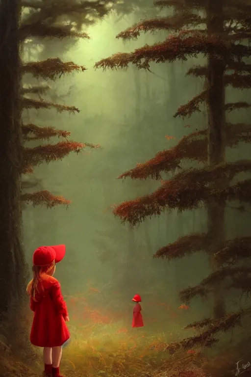 Prompt: a little girl in red hat , forest, Distant view, by Bruce Pennington and Ross Tran trending on artstation, trending on deviantart