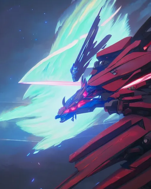 Image similar to highly detailed vfx portrait of an demonic gundam with wings of feathers beam saber fighting in space with a beam gun, unreal engine, greg rutkowski, loish, rhads, beeple, makoto shinkai and lois van baarle, ilya kuvshinov, rossdraws, tom bagshaw, alphonse mucha, global illumination, detailed and intricate environment