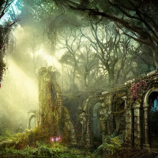 Prompt: ancient magical overgrown ruins, folkloric gates, mysetrious etherial mesmerizing eyes, extremely intricate, fantasy twilight lighting, hyper detailed, hd, masterpiece