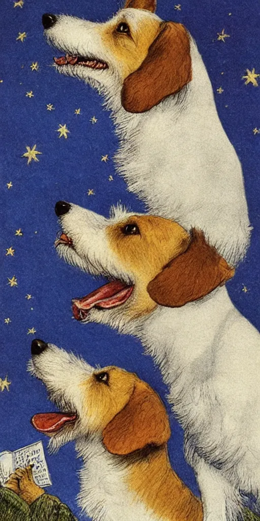 Image similar to jack russel dog looking up and howling with mouth open sad, night sky, highly detailed, side view, illustrated by peggy fortnum and beatrix potter and sir john tenniel