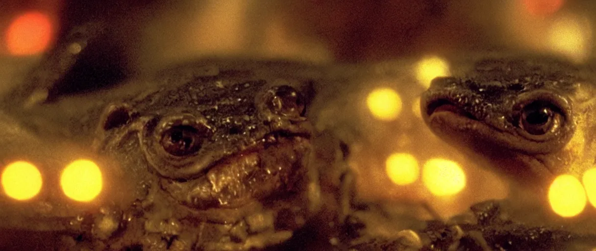 Prompt: Close up of a happy Lepidobatrachus laevis facing the camera in a still from the movie Blade Runner (1982), high quality, rain, rain drops, cold neon lighting, 4k, night, award winning photo, beautiful