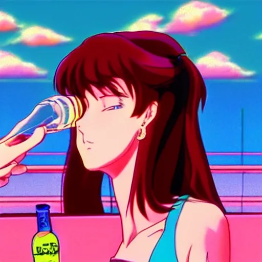 Prompt: beautiful woman drinking straight from liquor bottle, sprite, vaporwave nostalgia, directed by beat takeshi, visual novel cg, 8 0 s anime vibe, kimagure orange road, maison ikkoku, sketch by da vinci