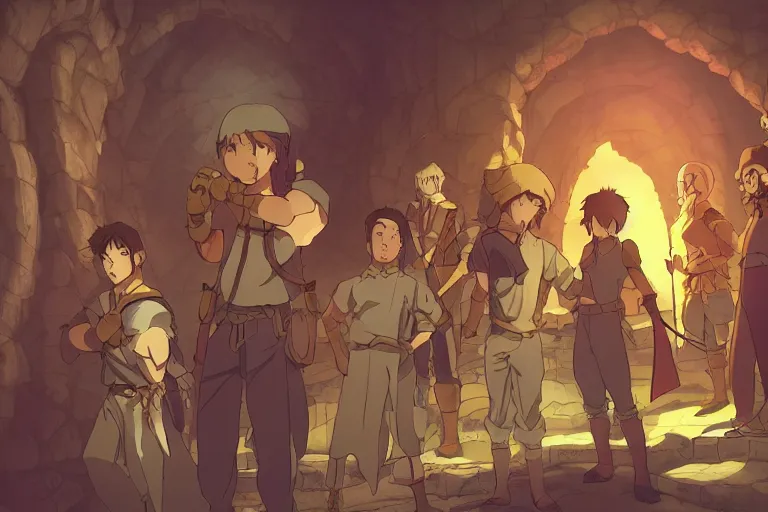 Image similar to cell shaded key visual of a group of adventurers in a dungeon, dramatic lighting, in the style of studio ghibli, moebius, makoto shinkai,