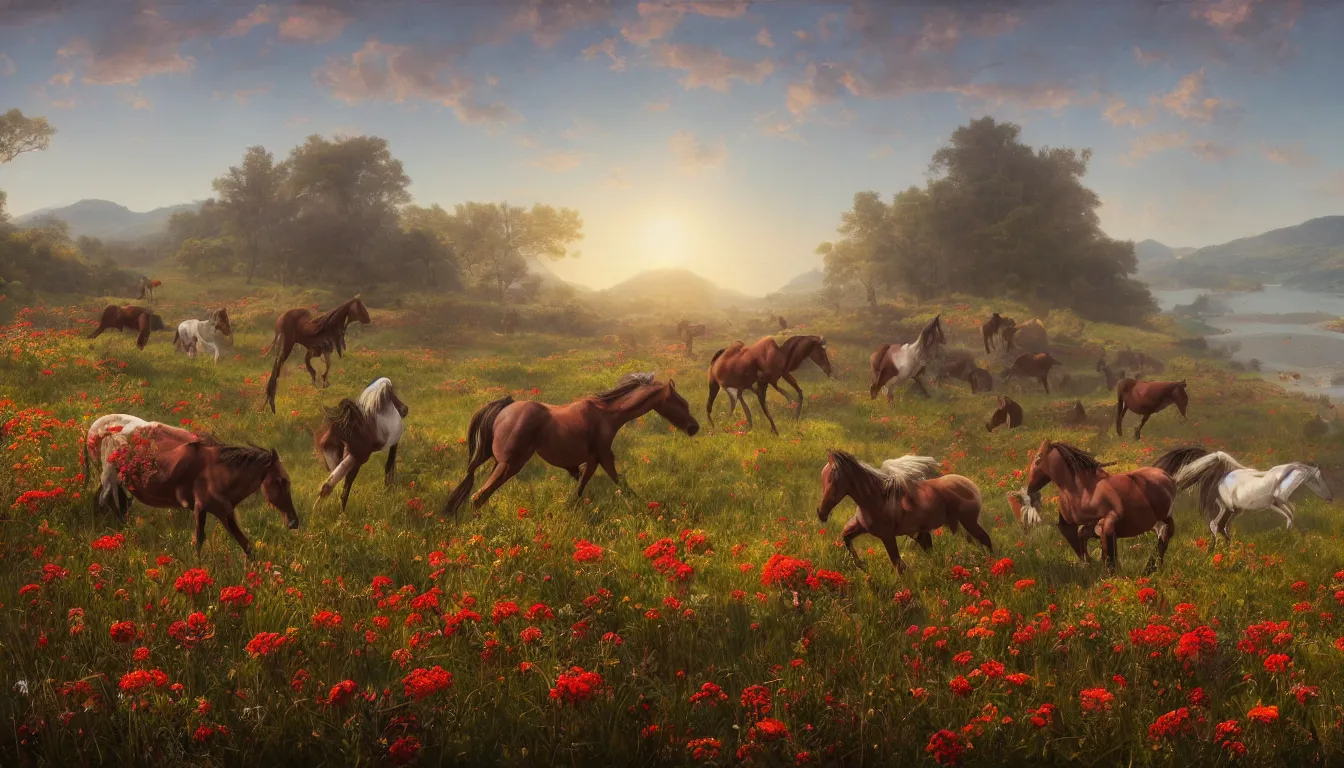 Image similar to An epic fantastic realism comic book style painting of the most beautiful flowers covering a herd of battling wild horses, fisheye lens, painted by the Hudson River school, unreal 5, DAZ, hyperrealistic, octane render, dynamic lighting