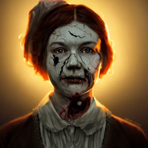 Prompt: portrait of laura ingalls as a zombie with cuts on face, 7 days to die zombie, fine art, award winning, intricate, elegant, sharp focus, cinematic lighting, highly detailed, digital painting, 8 k concept art, art by guweiz and z. w. gu, masterpiece, trending on artstation, 8 k