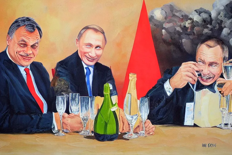 Image similar to viktor orban winking and drinking champagne with putin in front a burning city, oil painting