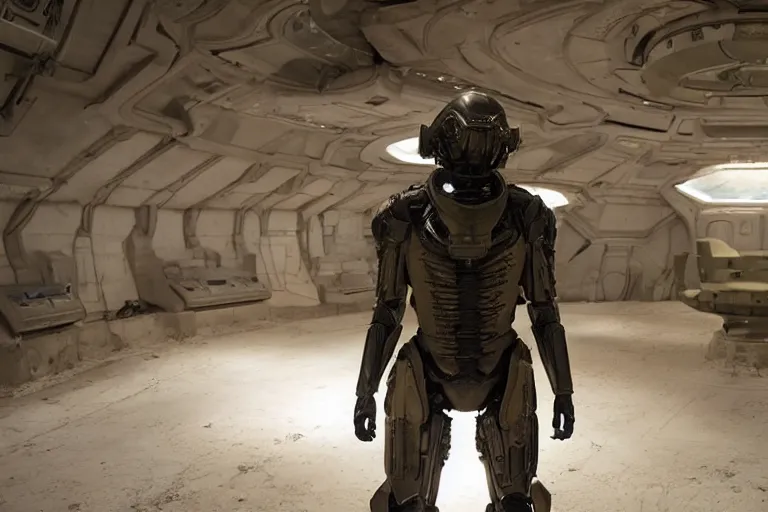 Image similar to vfx movie, sci - fi super soldier in worn military futuristic armor, in alien technology temple, by emmanuel lubezki