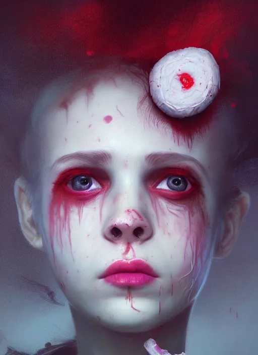 Image similar to portrait of sinister girl with pouty aerochrome lips, fungal, unforgivable, cute bandaid on nose!!, expressive eyes, full body, deathly skin, greg rutkowski, charlie bowater, yuumei, stephen gammell, unreal 5, daz, hyperrealistic, octane render, rpg portrait, dynamic lighting, fantasy art, beautiful face