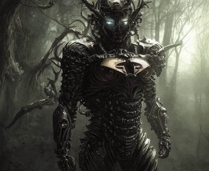 Image similar to 5 5 mm close up portrait photo of an armored biomechanical demonic superman looking at the camera, in a magical forest. dark atmosphere. art by greg rutkowski and luis royo. highly detailed 8 k. intricate. lifelike. soft light. nikon d 8 5 0.