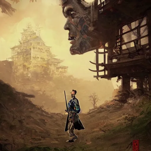 Prompt: samurai jeff goldblum in abandoned castle, by frank fazetta and peter mohrbacher, hq artwork, coherent, insane detail, concept art, character concept, character full body portrait, golden ratio, rule of thirds, highly detailed, cinematic lighting, global illumination radiating a glowing aura