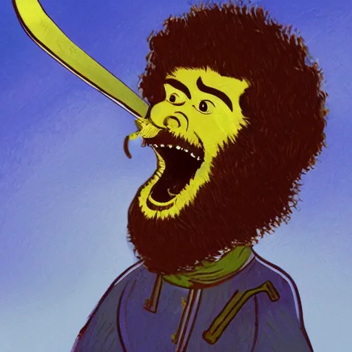 Prompt: person with a sword as its mouth, 4 k, 8 k, trending on artstation, award - winning art, illustrated by bob ross and vincent van gogh