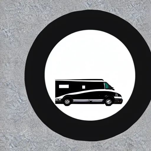 Image similar to very very very stylized minimal vector graphic of a white and black thor chateau motorhome, highway, mountains and sunset!!, white background, all enclosed in a circle, dramatic, professional minimal graphic design cartoon, award winning