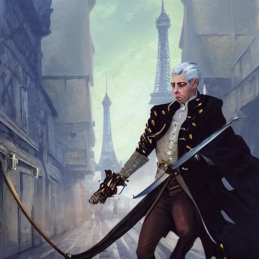 Image similar to a french gentleman with white hair with a rapier in a duel with a rogue blackman in the streets of a fantasy paris in french revolution, symmetric face, hyperrealism, epic fantasy digital art, fantasy style art, by Greg Rutkowski, fantasy hearthstone card art style