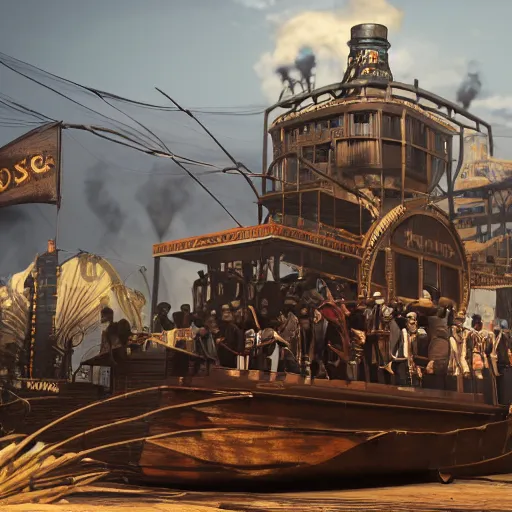 Prompt: a flying steampunk, steamboat from the 1 9 0 0 s with african mask on the front carrying black people across the mississippi river, bioshock infinite, detailed, behrens style, unreal 5 render, fantasy digital art, octane render, beautiful composition, trending on artstation