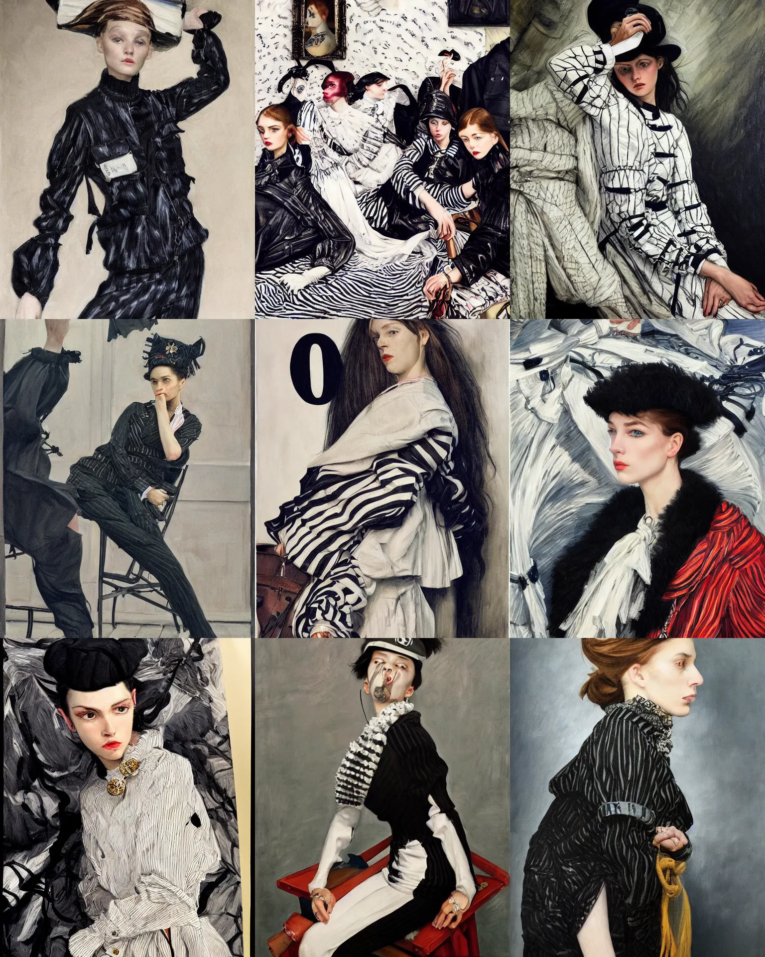 Prompt: a highly - detailed, streetwear, dark nautical, full - length portrait painting. james tissot, vogue magazine, zinaida serebriakova, edward hopper, annie leibovitz. a modern!!!!! 2 0 1 0 s vogue fashion photography portrait, studio photography portrait, simple background, fully - clothed!!!.