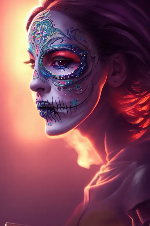 Image similar to ultra detailed, beautiful female android smoking a cigarette, scifi, fantasy, ( dia de los muertos ), triadic color scheme, intricate detailed, octane render, concept art. smoke, calm, noir. art by godmachine and michael welan and rossdraws and artgerm and greg rutkowski and wlop. 8 k, hdr