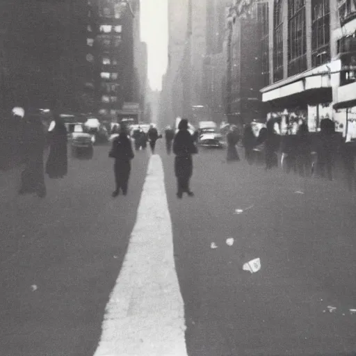 Image similar to wide-shot low-angle cat's eyesight photo of empty!!! animated walking ghostly people (((heads))) at the street in New York, polaroid photo, by Andy Warhol, signed