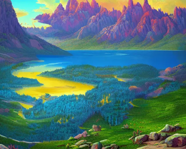 Prompt: an epic ultradetailed painting of a sweeping veduta vista from the view of an overlooking mountain by senior environment artist, saturated vibrant colors, with a lake in view, by chris labrooy, trending on artstation